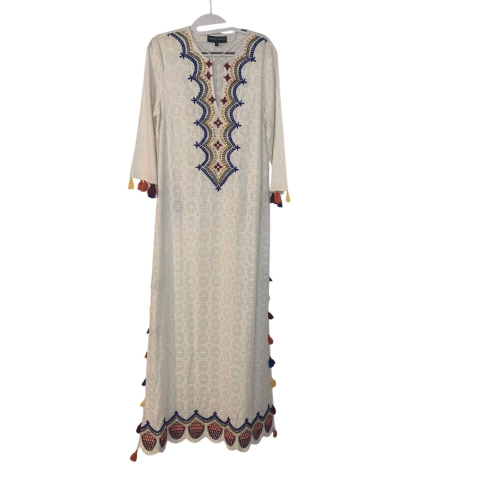 Hemant & Nandita Womens Embroidered Tasseled Eyelet Boho Maxi Dress M Vacation